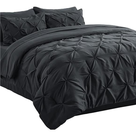 Black Comforter Set Bed in a Bag Queen or Full 7 Pieces, Pintuck Bedding Sets - Picture 6 of 6